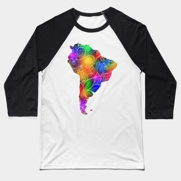 Colorful mandala art map of South America with text in multicolor pattern Baseball T-Shirt by Happy Citizen